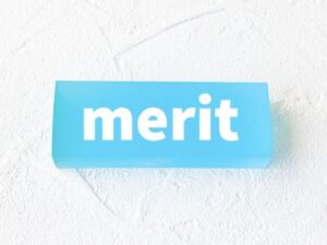 白壁に置かれた水色のmeritブロック
